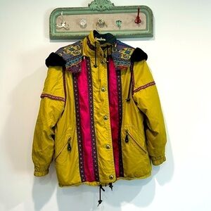 Vintage Head Skiwear hooded jacket women’s 10 chartreuse pink bohemian puffer